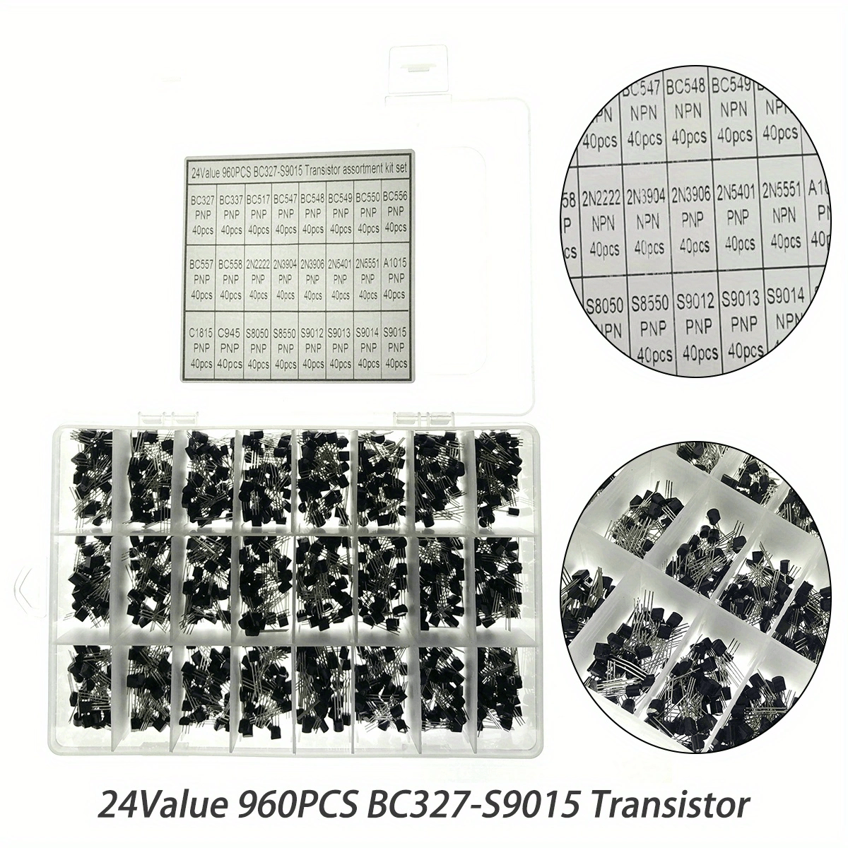 kit de 960 piezas de transistores, 24 tipos npn y pnp, bc327-s9015, bc558, bc549, 2n2222, 2n5401, a1015, c1815, s8550, material de , sin carga, sin batería ni láser, conjunto de componentes electrónicos detalles 1