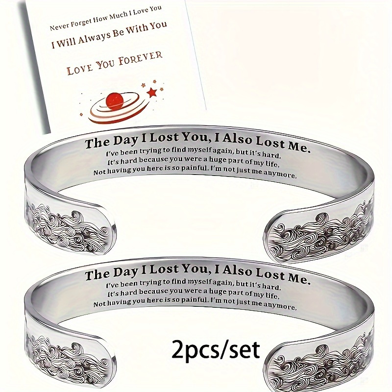 

2pc 10mm Big Wave Pattern Stainless Steel Cuff Bangle Memory Adjustbale Bracelet Handmade Shape Laser Engraving Of The Day I Lost You I Also Lost Me Memory Jewelry