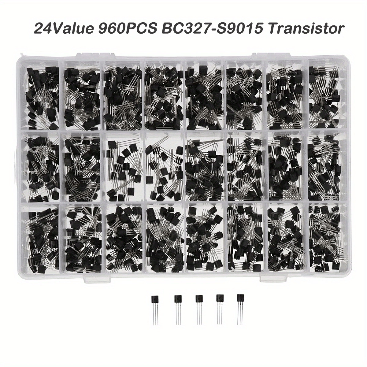 kit de 960 piezas de transistores, 24 tipos npn y pnp, bc327-s9015, bc558, bc549, 2n2222, 2n5401, a1015, c1815, s8550, material de , sin carga, sin batería ni láser, conjunto de componentes electrónicos detalles 2