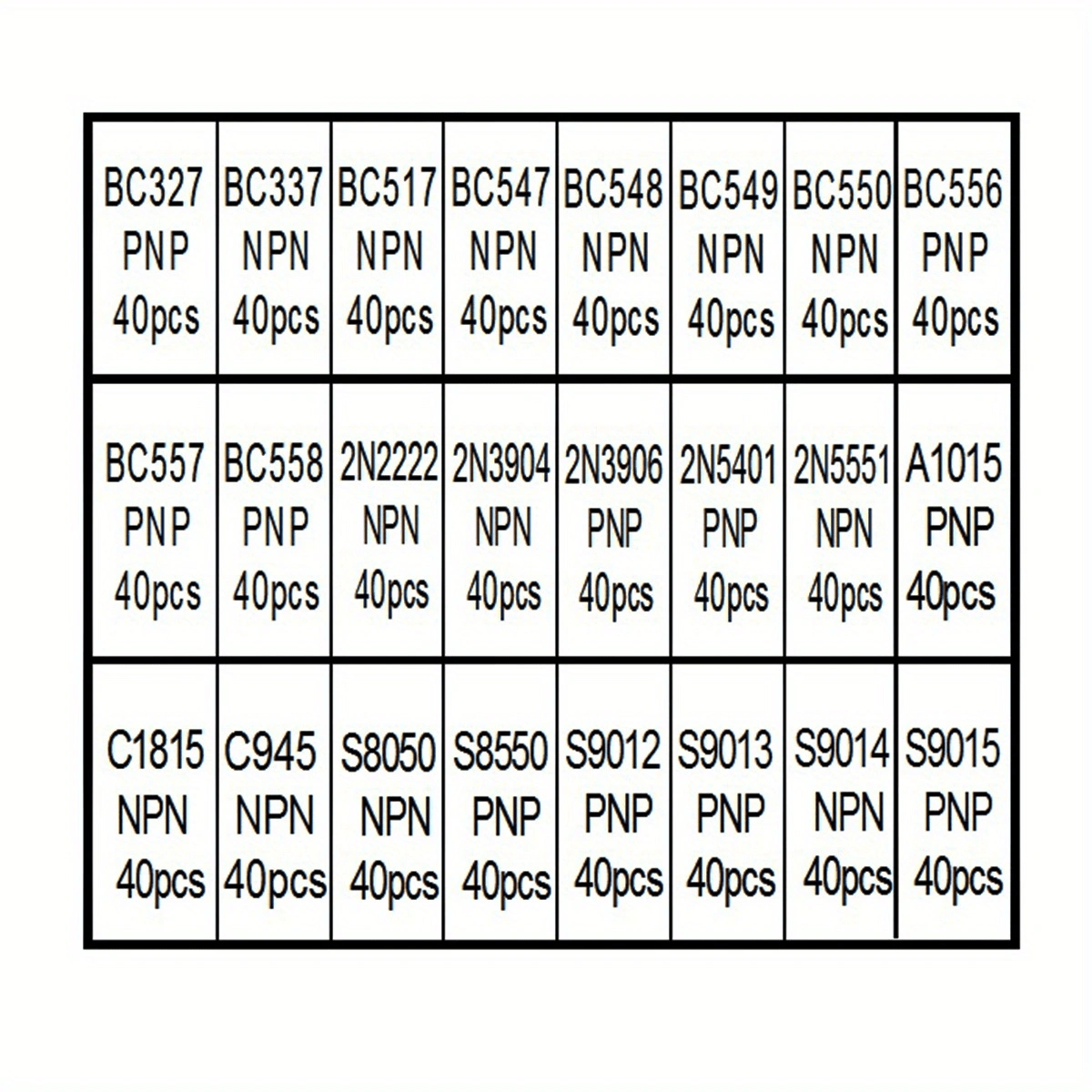 kit de 960 piezas de transistores, 24 tipos npn y pnp, bc327-s9015, bc558, bc549, 2n2222, 2n5401, a1015, c1815, s8550, material de , sin carga, sin batería ni láser, conjunto de componentes electrónicos detalles 0