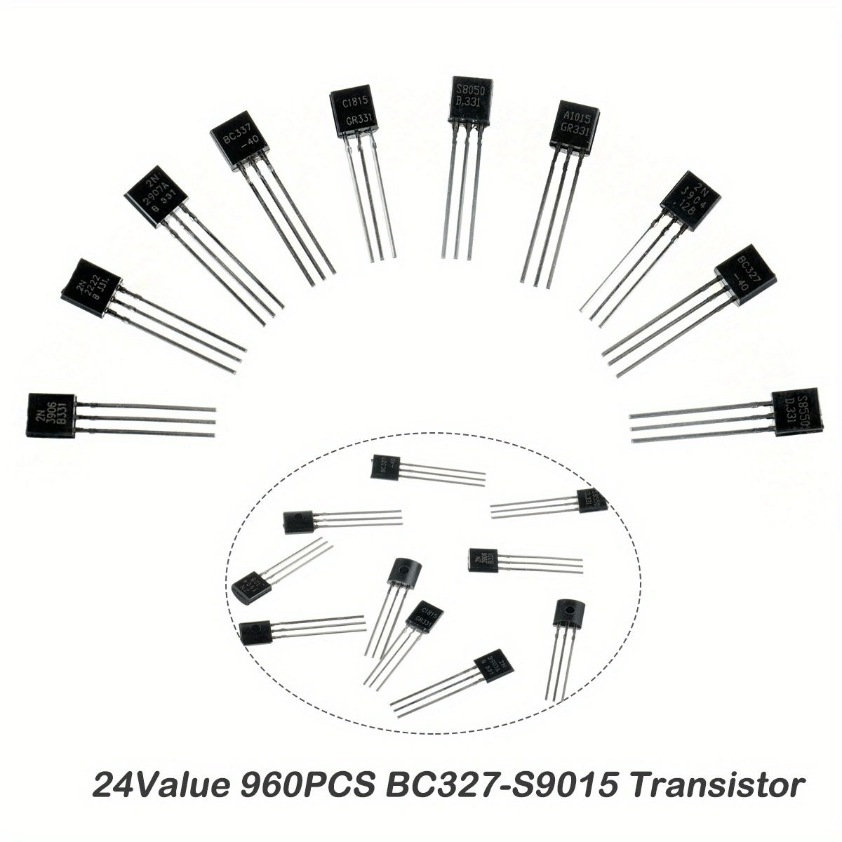 kit de 960 piezas de transistores, 24 tipos npn y pnp, bc327-s9015, bc558, bc549, 2n2222, 2n5401, a1015, c1815, s8550, material de , sin carga, sin batería ni láser, conjunto de componentes electrónicos detalles 4