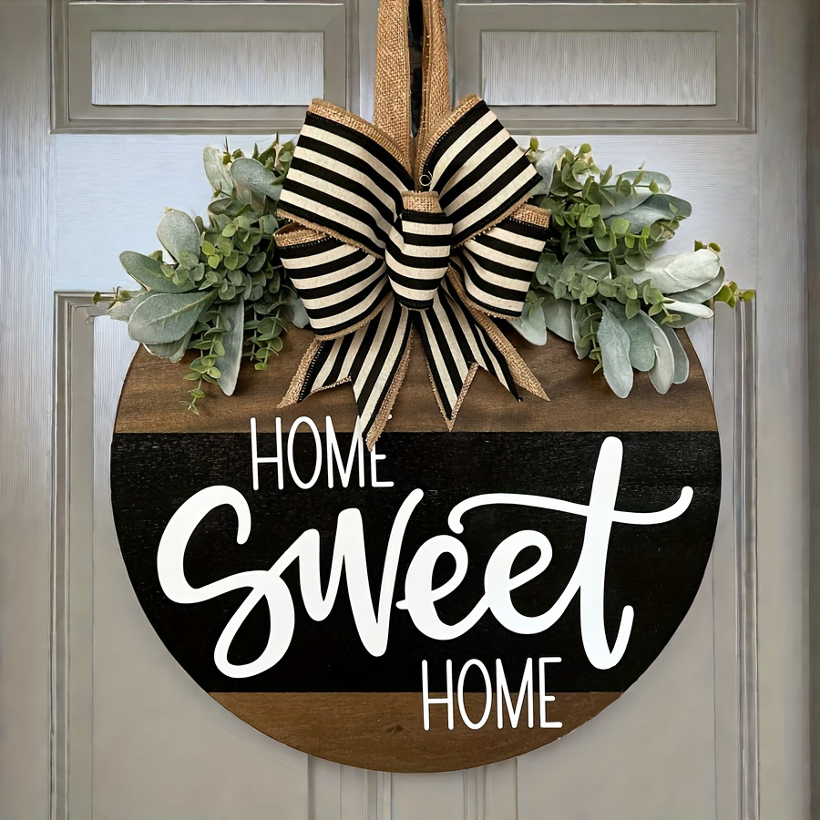 

Classic Wooden Door Sign Wreath - For Front Door, Indoor, Outdoor Farmhouse Style Wall Hanging – Greenery With Striped Bow – No Electricity Needed – Ideal Housewarming Gift