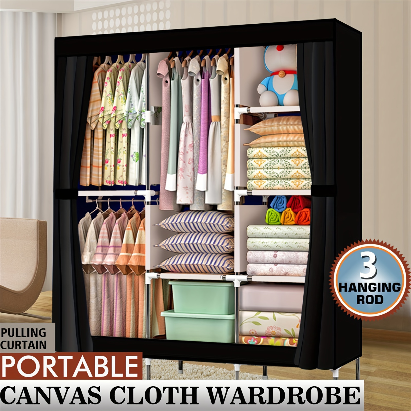 

Simple Wardrobe Non-woven Wardrobe Large Capacity 4 Layers 8 Grids With Cloth Sets 3 Hanging Rod Storage Clothing