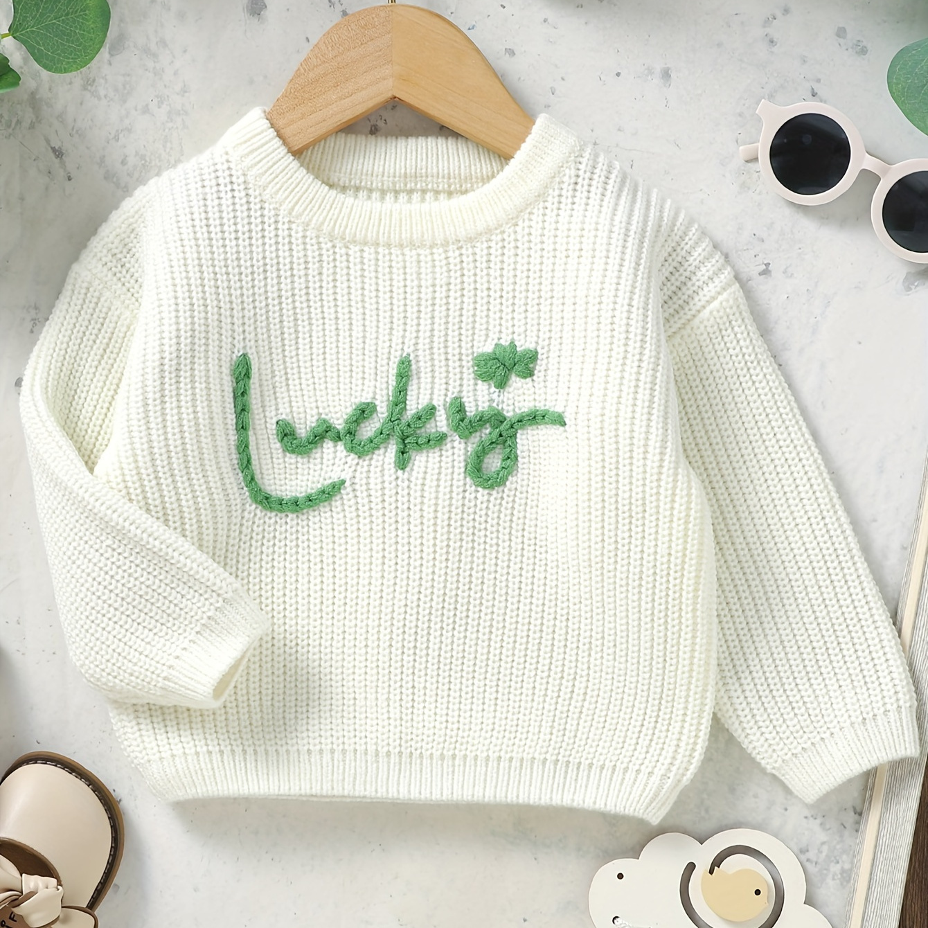 

Baby's / Lucky Embroidery Sweater, Casual Cable Knit Long Sleeve Top, Baby Girl's Clothing For