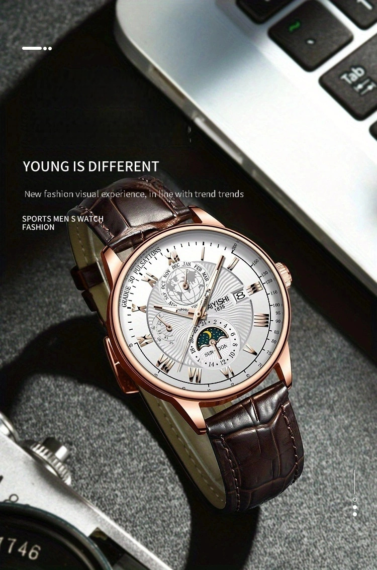 leisure pointer display pu leather strap with luminous calendar display for mens watches a gift for dad details 7