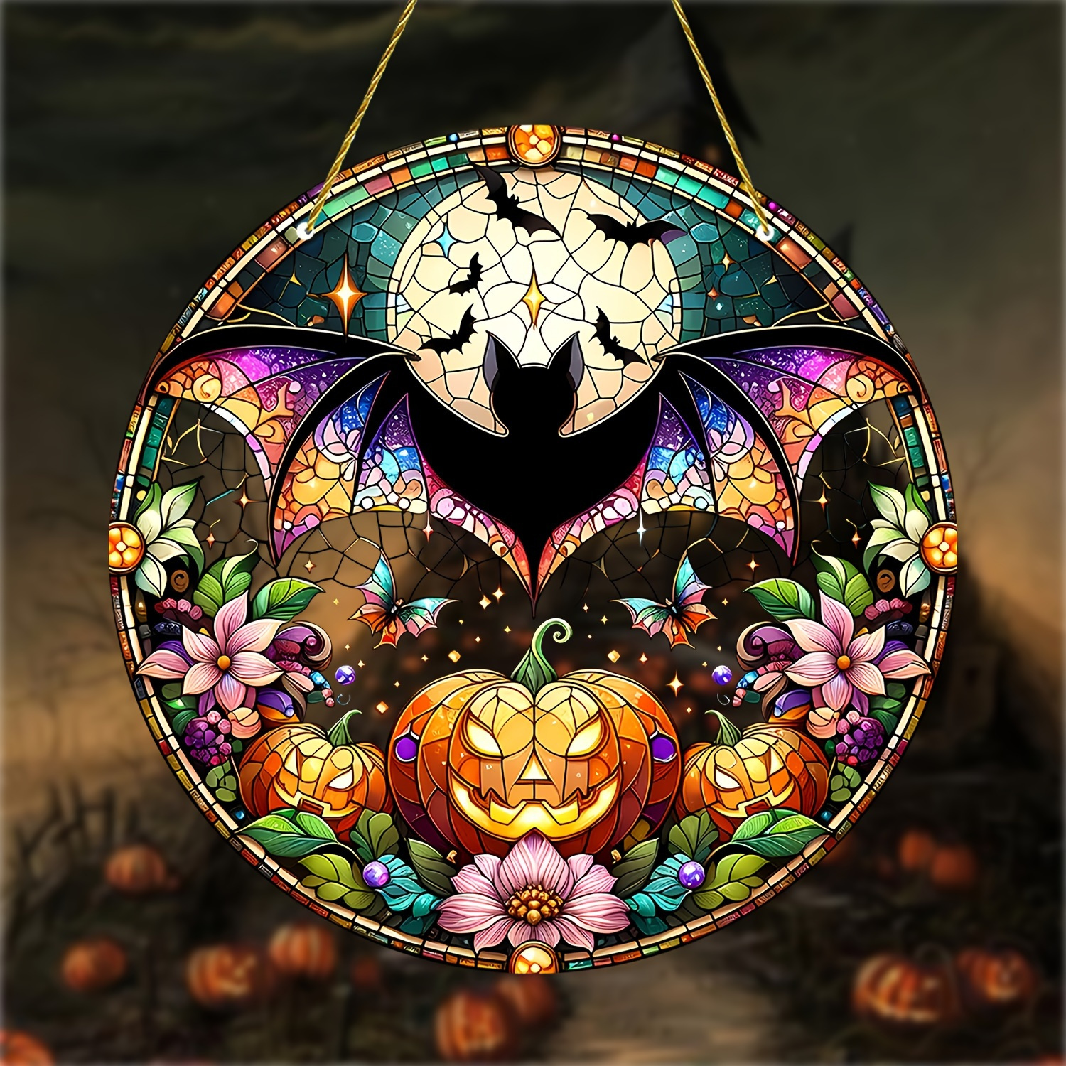 

1pc Vibrant Halloween Sun - 8"x8" Acrylic Stained Glass-style Plaque With Colorful Bat, Pumpkin & - Yard, Garden, Farmhouse, Bedroom & Living Room Decor - Ideal Holiday Gift, Halloween Decorations