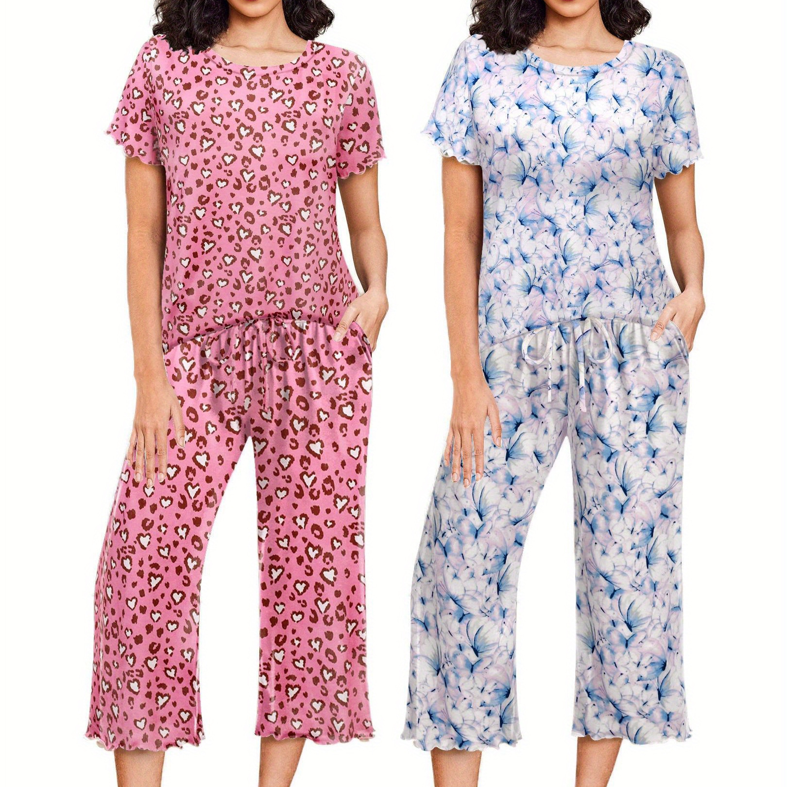 

2 Sets Women's Pajama Set, Short Sleeve Soft Round Neck Top And Capri Pants With Pockets, Comfortable Sleepwear