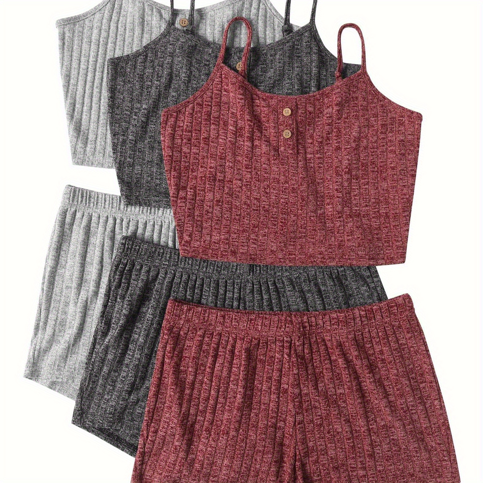 

3 Sets Women's Solid Ribbed Pajama Set, Button Decor V Neck Crop Tank Top & Shorts, Soft Sleepwear For All Seasons