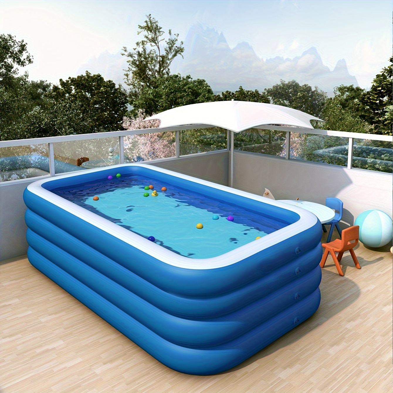 

Extra-large Inflatable Family Swimming Pool - Blue & White, 68.9x49.21x22.05 Inches, Thickened Single-layer Bottom For Durability