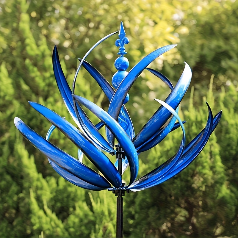 Enchanting Blue Wind Spinner - Metal Kinetic Sculpture with Vibrant Blue Leaves, No Power Needed Outdoor Decor for Yard, Patio, Lawn & Garden, Durable Metal Artwork, Wind Sculpture, Elegant Outdoor Art, Intricate Leaf Design, Sturdy Base Support