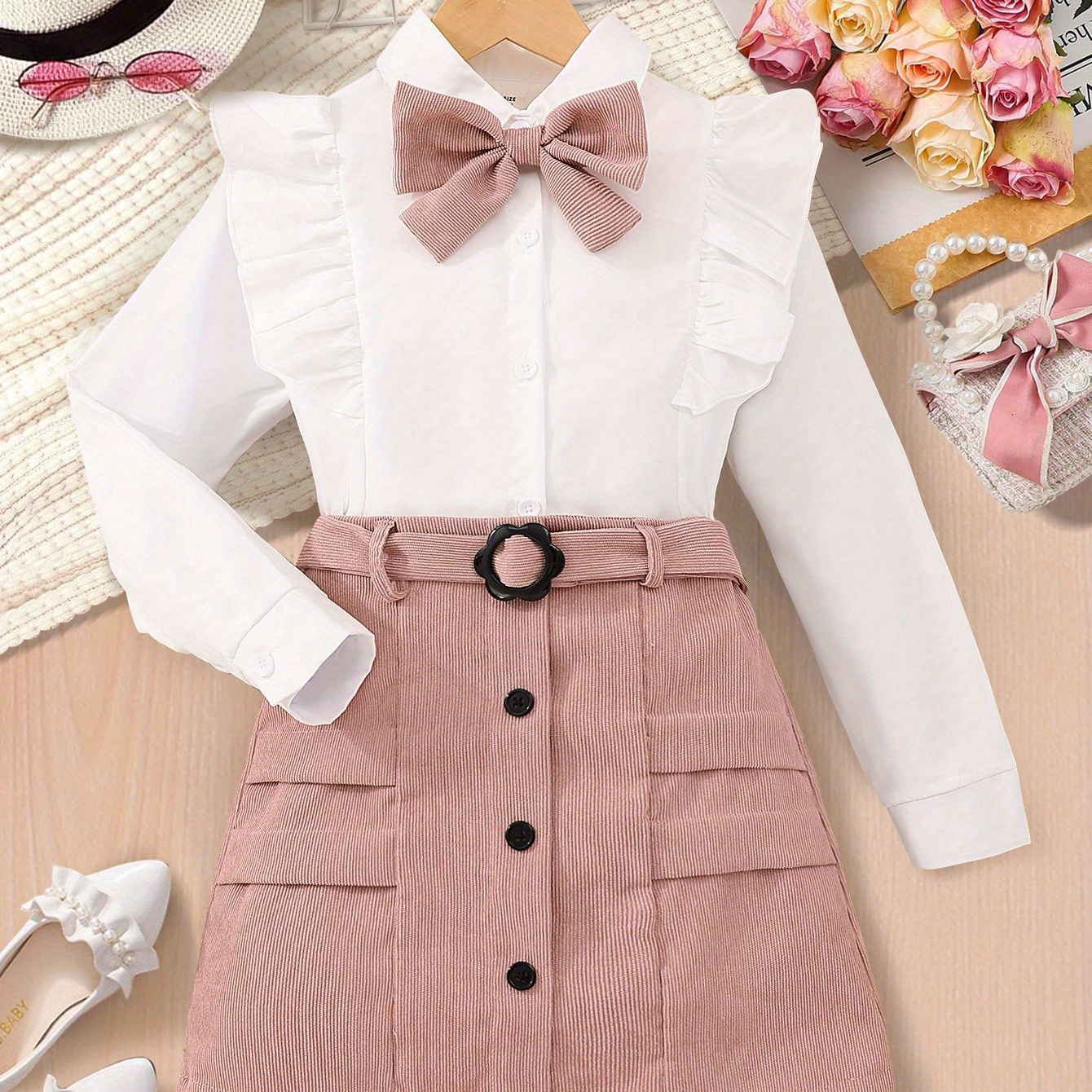 

2-piece Elegant Bowknot Long Sleeve Blouse Top + Corduroy Belted Skirt Set - Sweet & Adorable Girl's Outfit For Fall/ Spring 2-piece