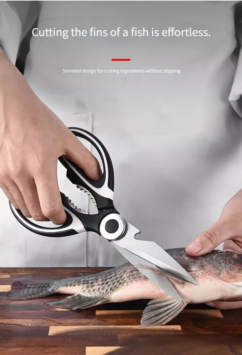 Multi-Purpose Kitchen Shears - Sharp Stainless Steel Food Scissors for Cutting Meat, Fish, and Bones, Ergonomic Black Handles, Ambidextrous Design, Ideal for Home Use, BBQ Essentials, and More, Food Scissors | Serrated Edge Scissors | Durable Kitchen Scissors
