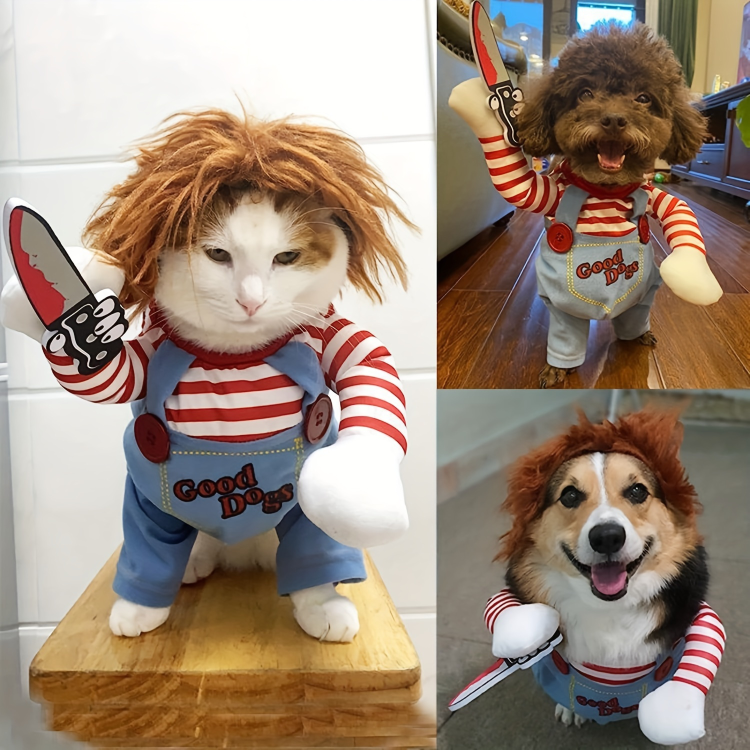 

Funny Tiktok-inspired Knife-wielding Doll Costume For - Striped Nylon, Hand Wash Only, Polyester Filled, , Killer Doll,