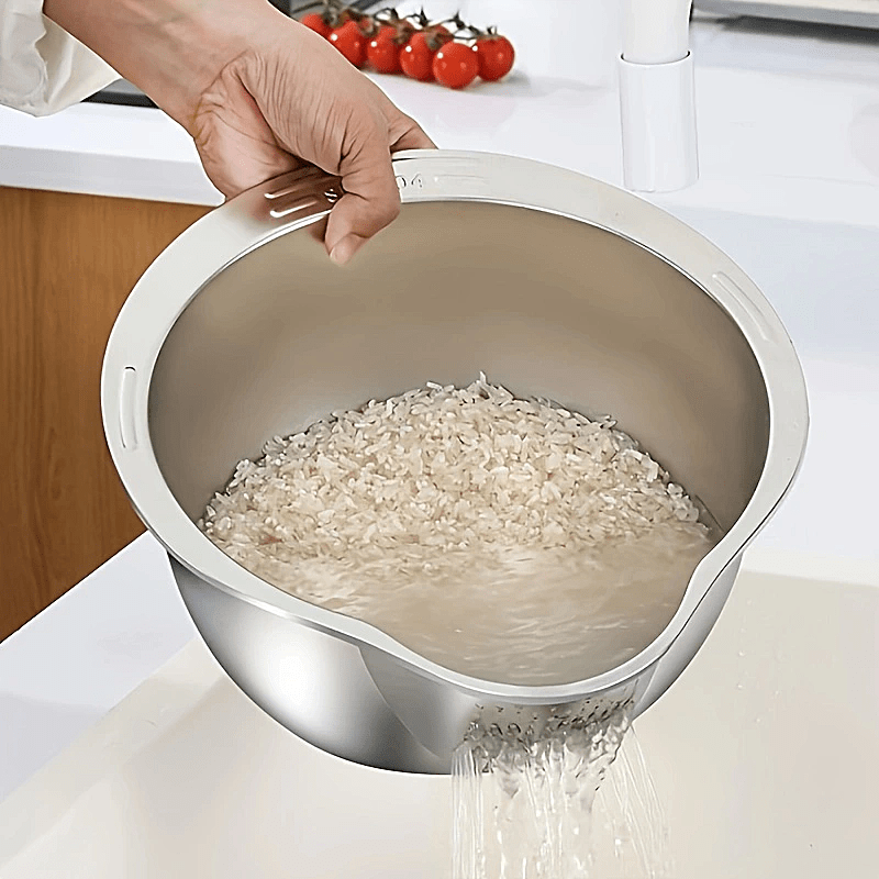 

1pc Premium 304 Stainless Steel Colander - Food-safe Rice & Vegetable Washing Basin With Drain Basket, Ideal For Kitchen Use, Rice Strainer