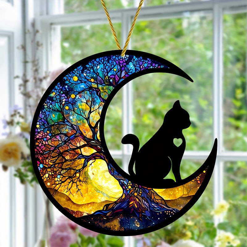 

Contemporary Acrylic Cat & Tree Crescent Moon Suncatcher - Window Mount Animal Themed Decorative Sign & Plaque, Multipurpose Use, Ideal Gift For Pet Lovers, English Language, 7.8"x7.8