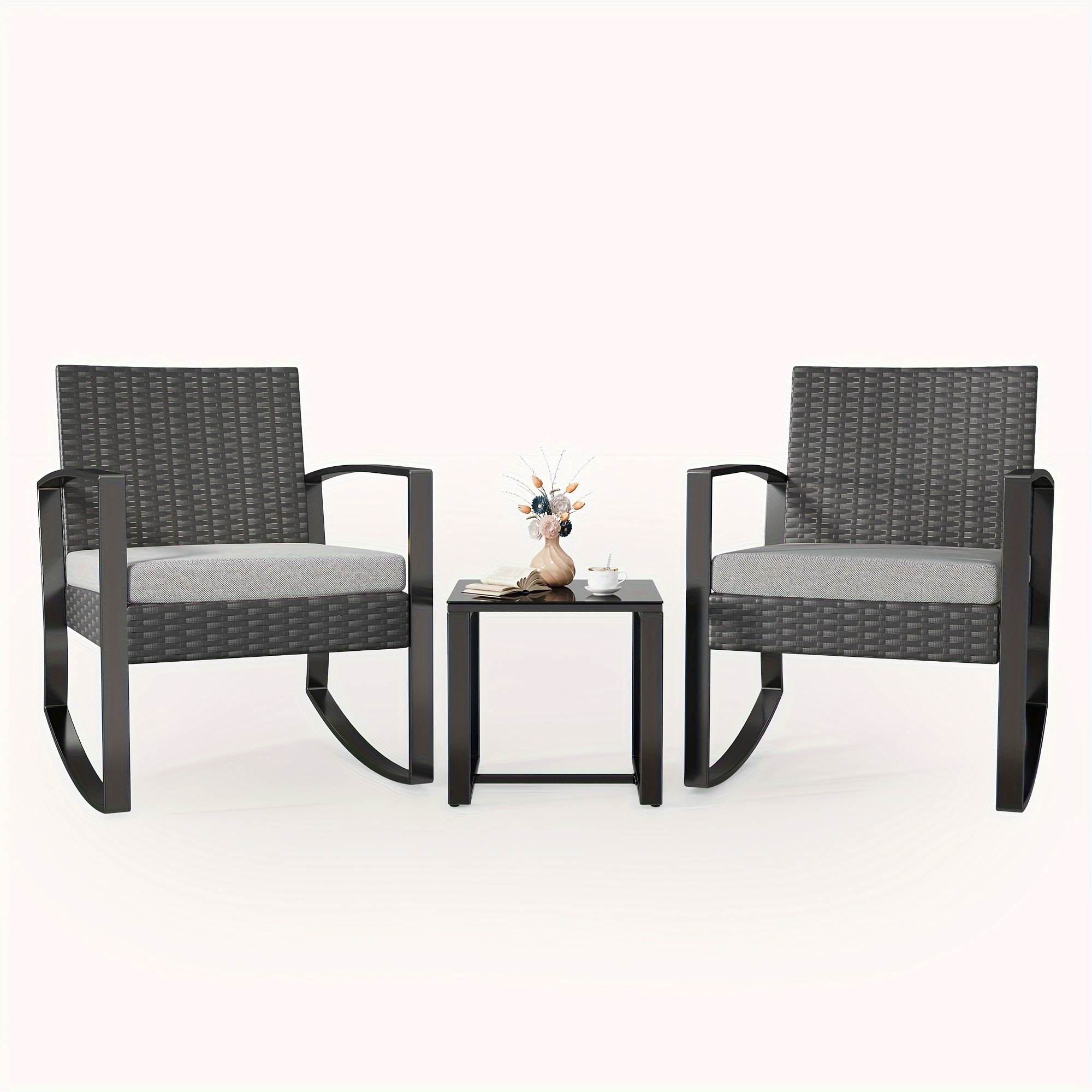 

3 Pieces Patio Furniture Set Rocking Bistro Set Outdoor Rattan Conversation With Coffee Table For Garden Balcony Backyard Poolside (grey Cushion)