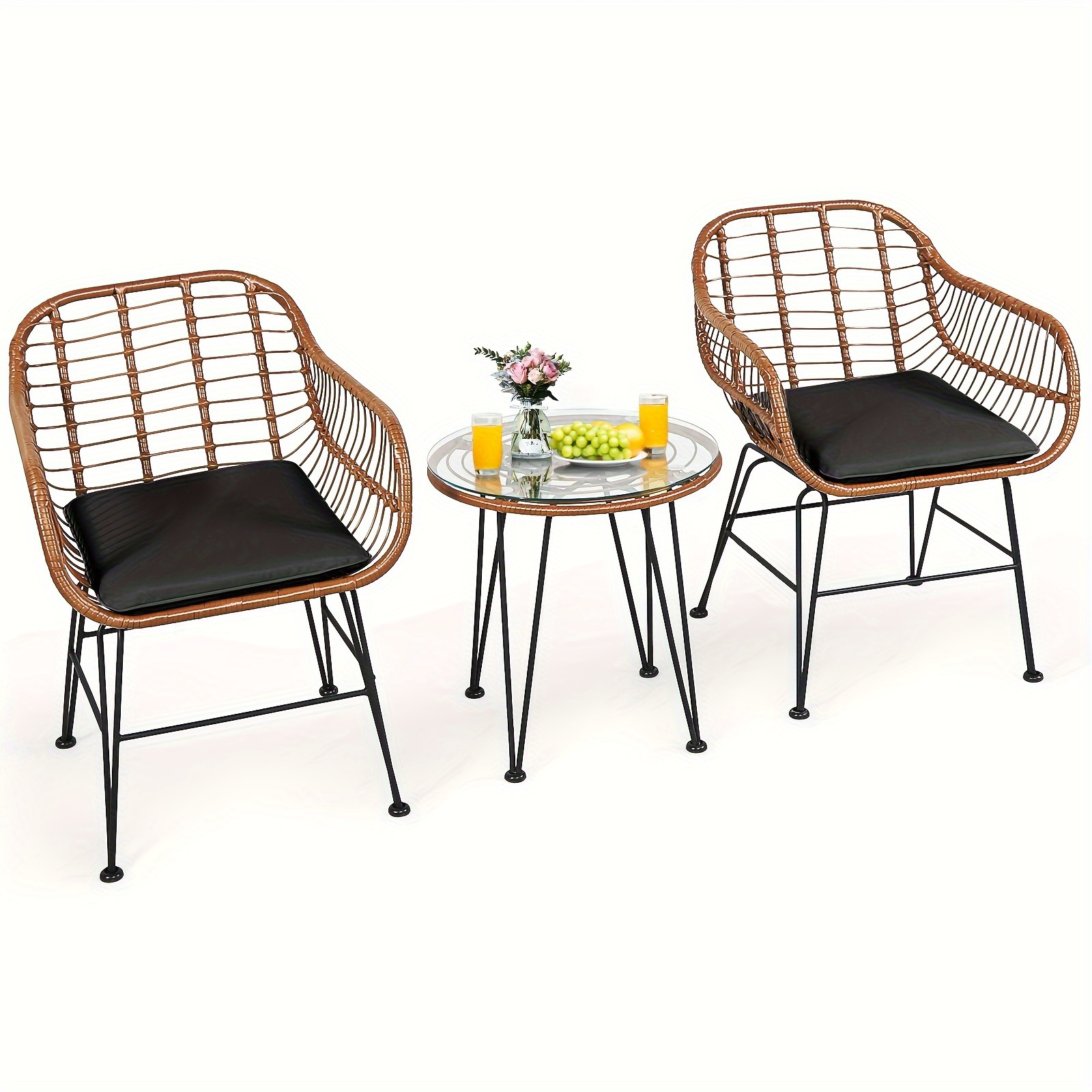 

3pcs Patio Rattan Bistro Set Coffee Table Armchair Garden Black Cushion