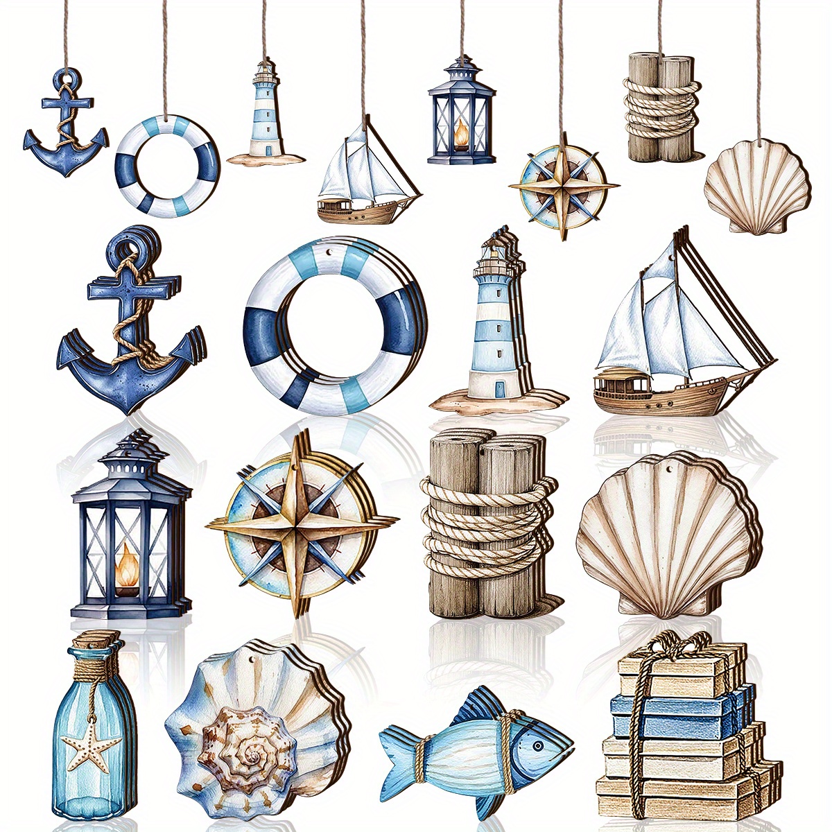 E-shop 36-teiliges Küstenholz-Dekor-Set - Nautische Strandhängeornamente, mediterraner Stil, Sommer-Universelle Weihnachtsdekorationen, zeitgenössische