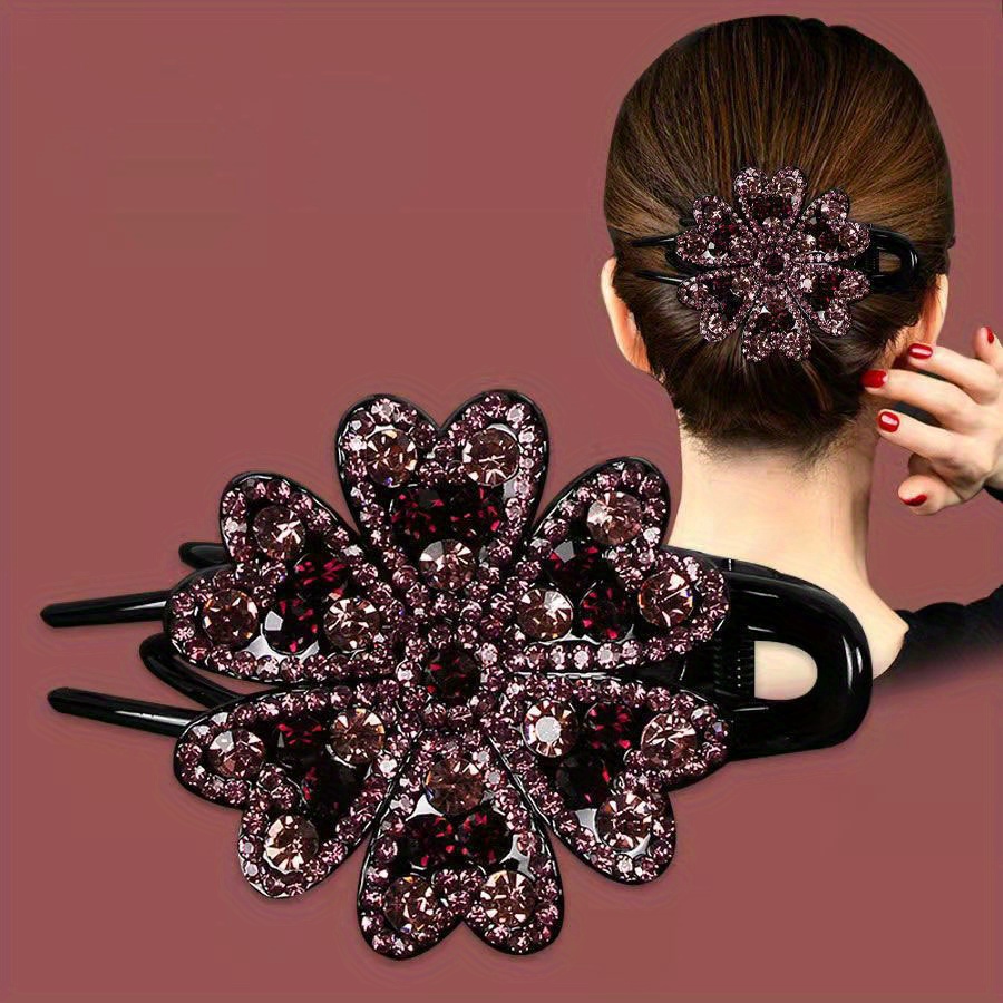Hibiscus Hair Clip With Artificial Rhinestones, Elegant Hair Grabber With Rhinestone Duckbill Clip