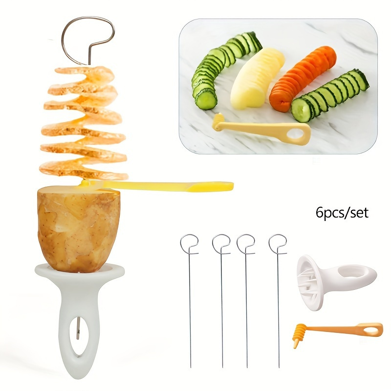 6 piece spiral potato cutter set stainless steel blade spiralizer kitchen tornado potato slicer bbq tools portable potato skewer rack for camping chip making vegetable spiral slicing gadget details 1