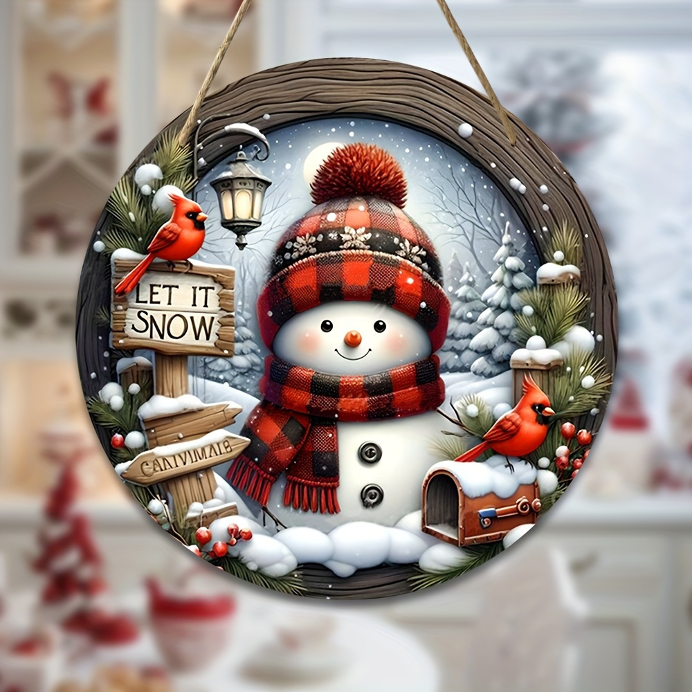 

Festive Christmas Wreath Centerpiece - 7.9" Round Wooden Decoration With Snowman, , And "let It Snow" Sign - Perfect For Door Or Wall Decorating, No Electricity Required