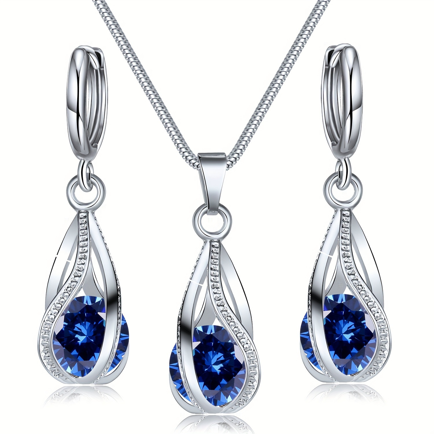 

3pcs Elegant Teardrop Zirconia Jewelry Set - Vintage-inspired Silvery Necklace & Earrings With Blue Gemstone Pendants, Alloy For