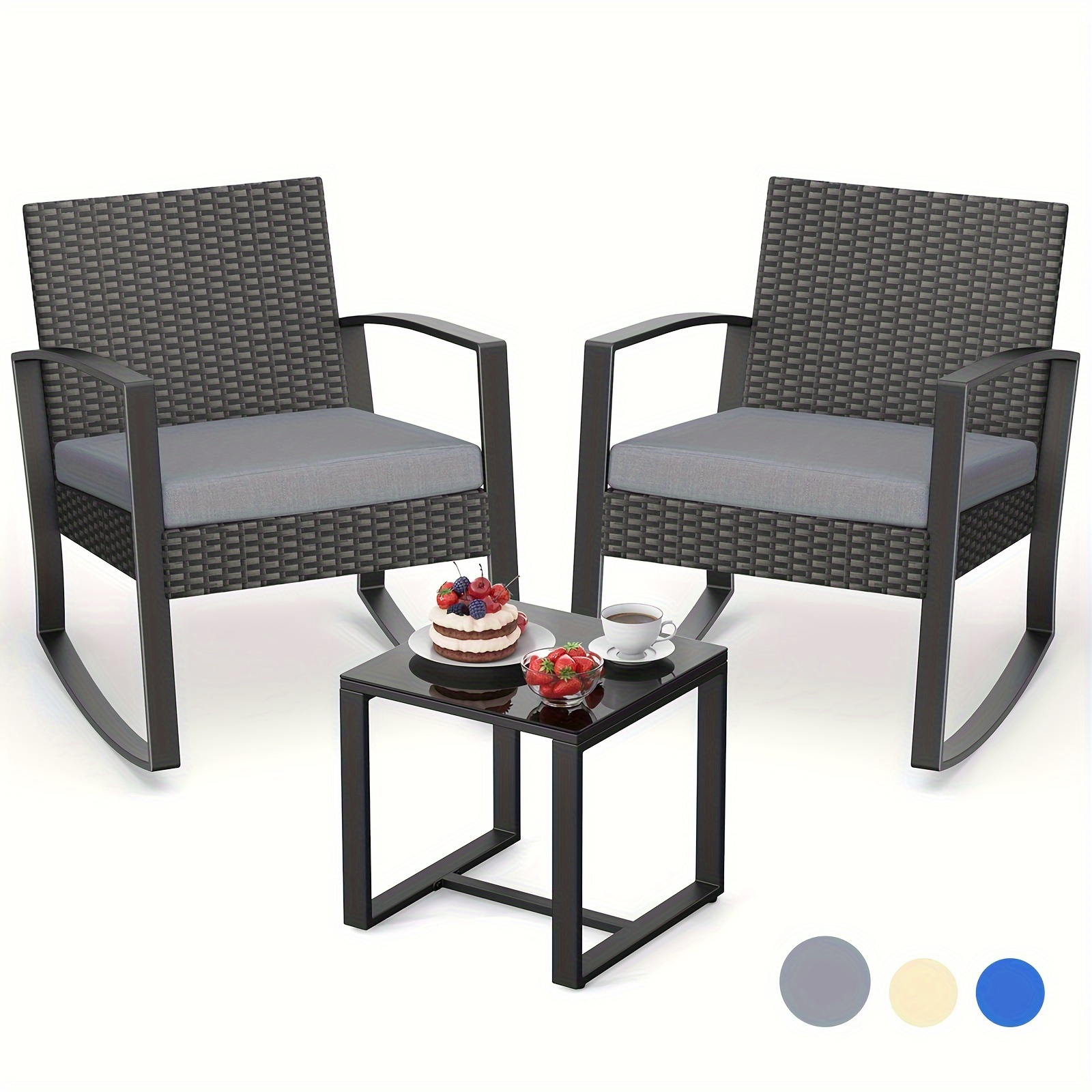 

3-piece Rocking Patio Furniture Set, Outdoor Bistro With Tempered Glass Coffee Table, Ideal For Front Porch, Balcony, And Deck Spaces (grey Cushion)