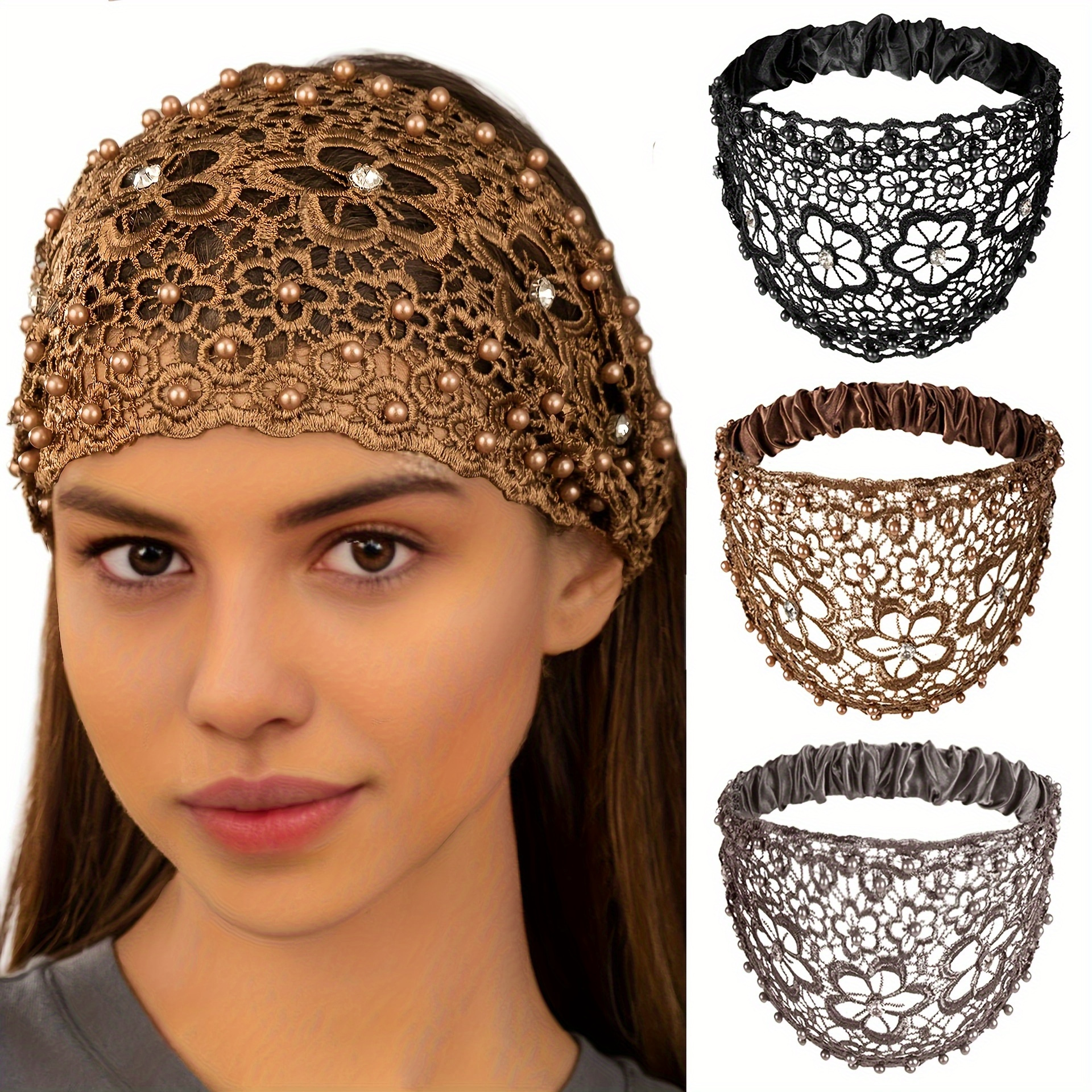 

Elegant Bohemian Lace Headbands With Faux Pearls - Pack Of 4, Knitted Stretch Headwraps For Women