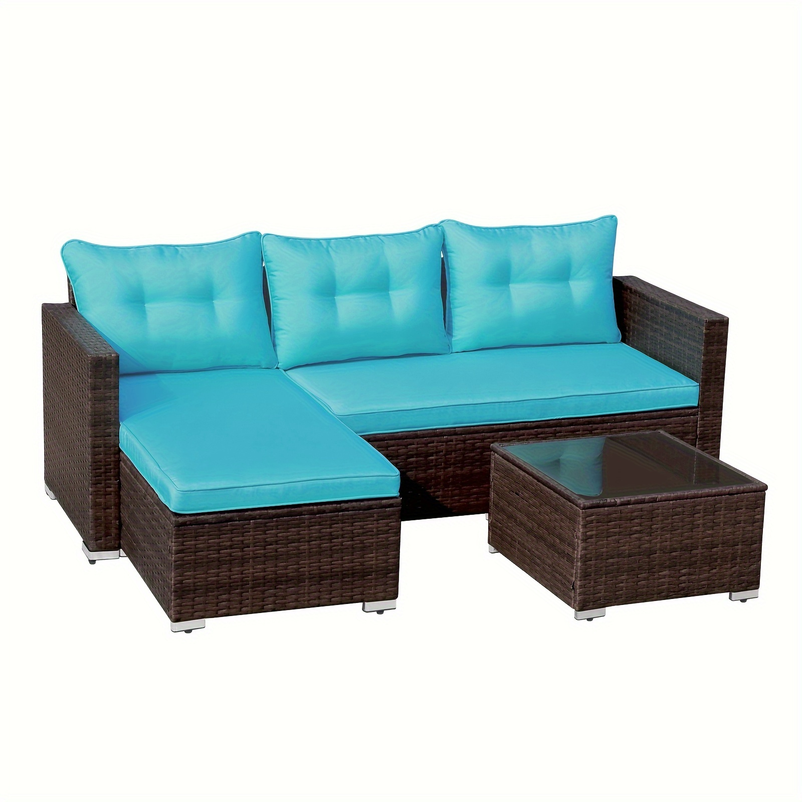 

Outdoor Wicker Patio Furniture Set, Rattan Small Sectional Sofa Set And Chaise Lounge With Glass Coffee Table, L-shaped Patio Conversation Set For Deck Balcony Porch, Blue Cushion