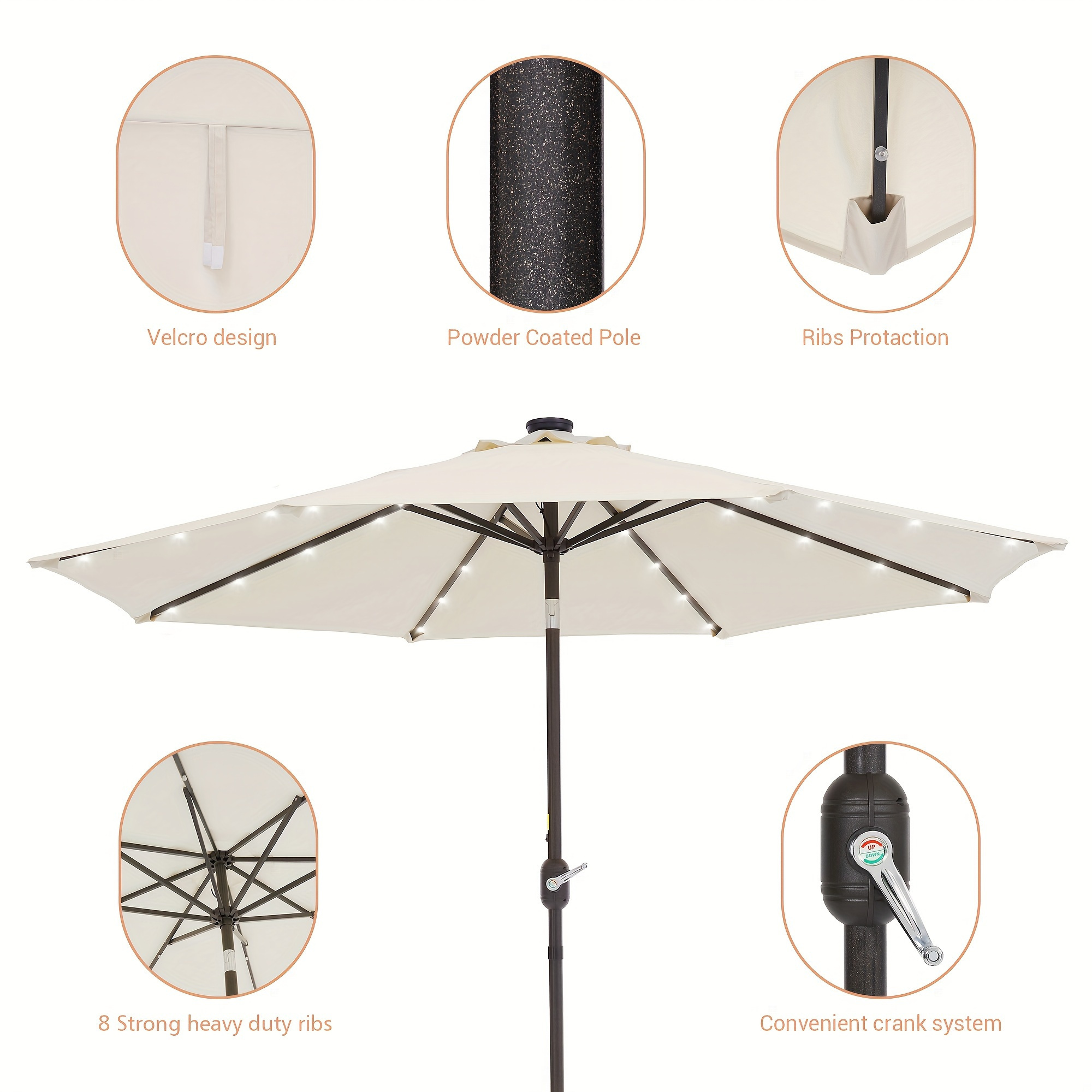 

9ft Led Patio Market Umbrella Outdoor Weather-resistant Frame Table Umbrella For Poolside, Deck And Yard