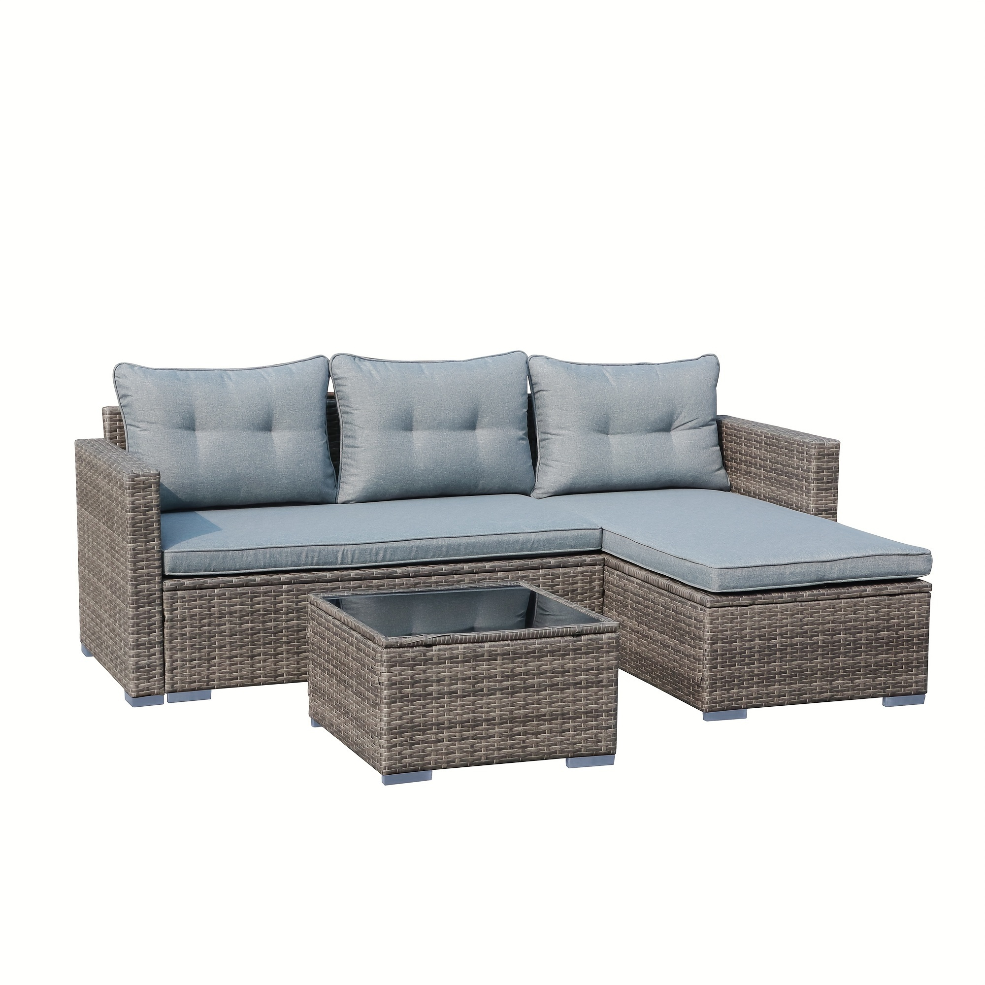 

Outdoor Wicker Patio Furniture Set, Rattan Small Sectional Sofa Set And Chaise Lounge With Glass Coffee Table, L-shaped Patio Conversation Set For Deck Balcony Porch