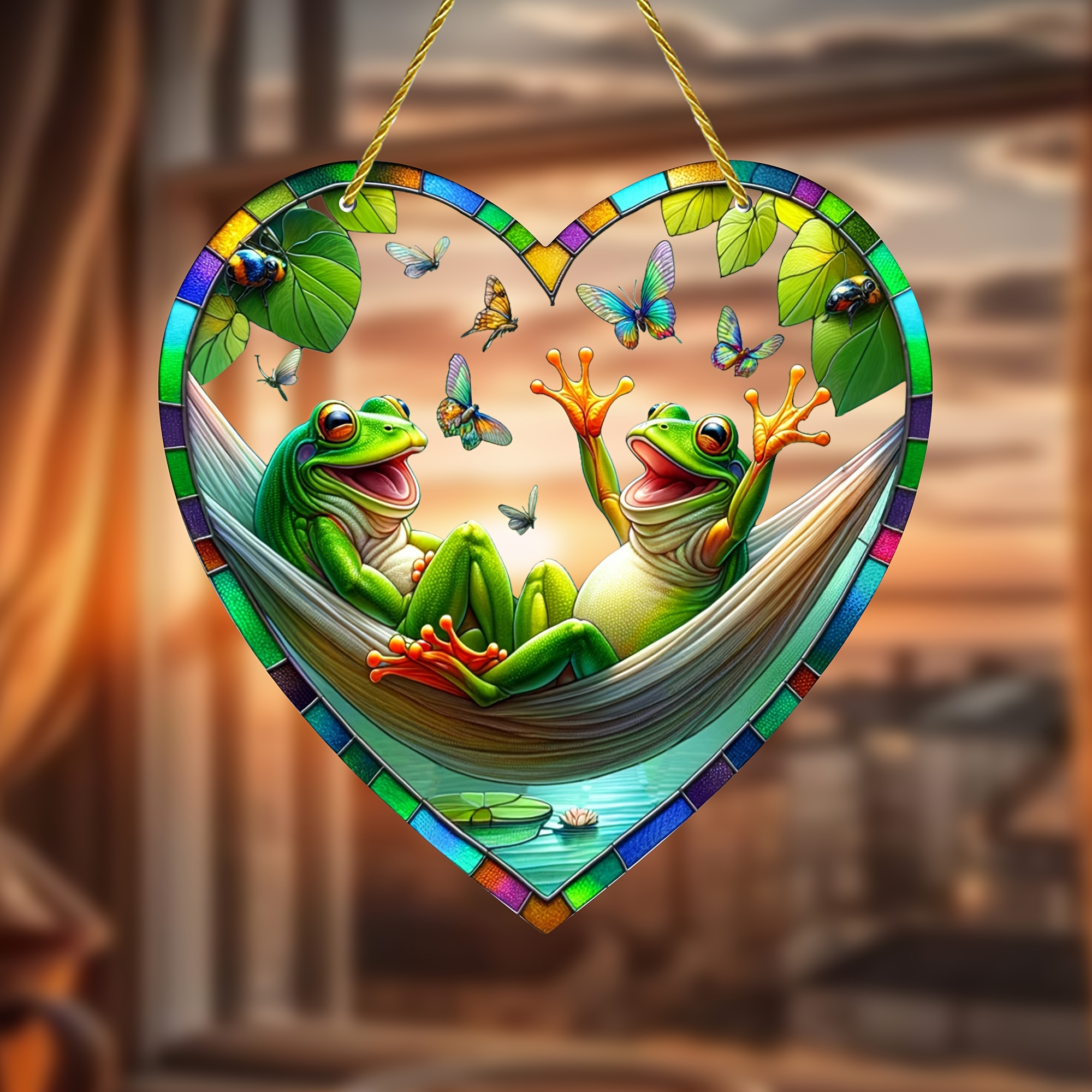 

Heart-shaped Frog And Butterfly Suncatcher Acrylic Glass Window Hanging - 8 Inch Animal Theme Home Decor For Garden, Patio, And Indoor Farmhouse Wall Art - Unique Christmas Gift For Friends And Family