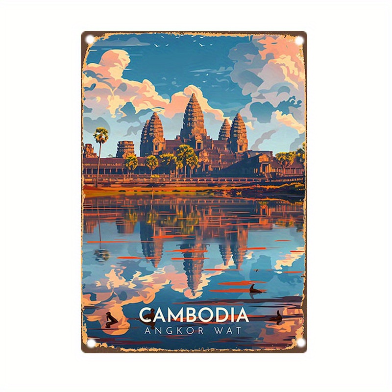 

Vintage Metal Tin Plate Sign: Cambodia Angkor Wat Artwork - 8 X 12 Inches, Pre-drilled, Waterproof, Weather Resistant - Home Garden Bar Farm Office Wall Decoration