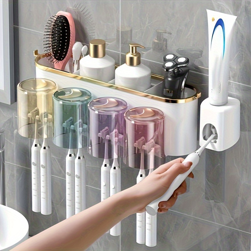 

1pc Multifunctional Deluxe Toothbrush Holder And Mug Rack - Wall Mounted Toothpaste And Storage With Built-in Squeezer - Space-saving Bathroom Organizer Plastic