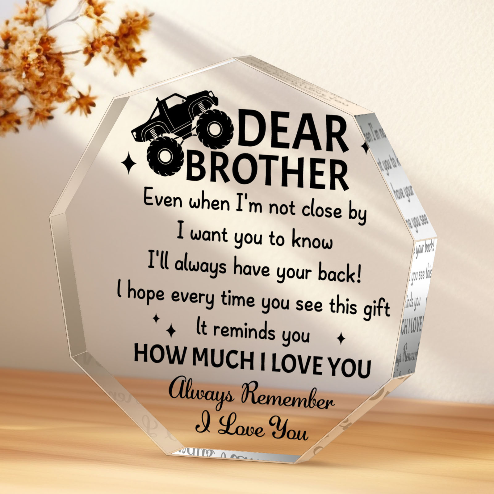 

1pc Unique Acrylic Plaque For Brother, Transparent Irregular Shaped Home Decor, Creative Birthday & Thanksgiving Gift, Emotional Connection Keepsake, No Electricity Needed, Featherless