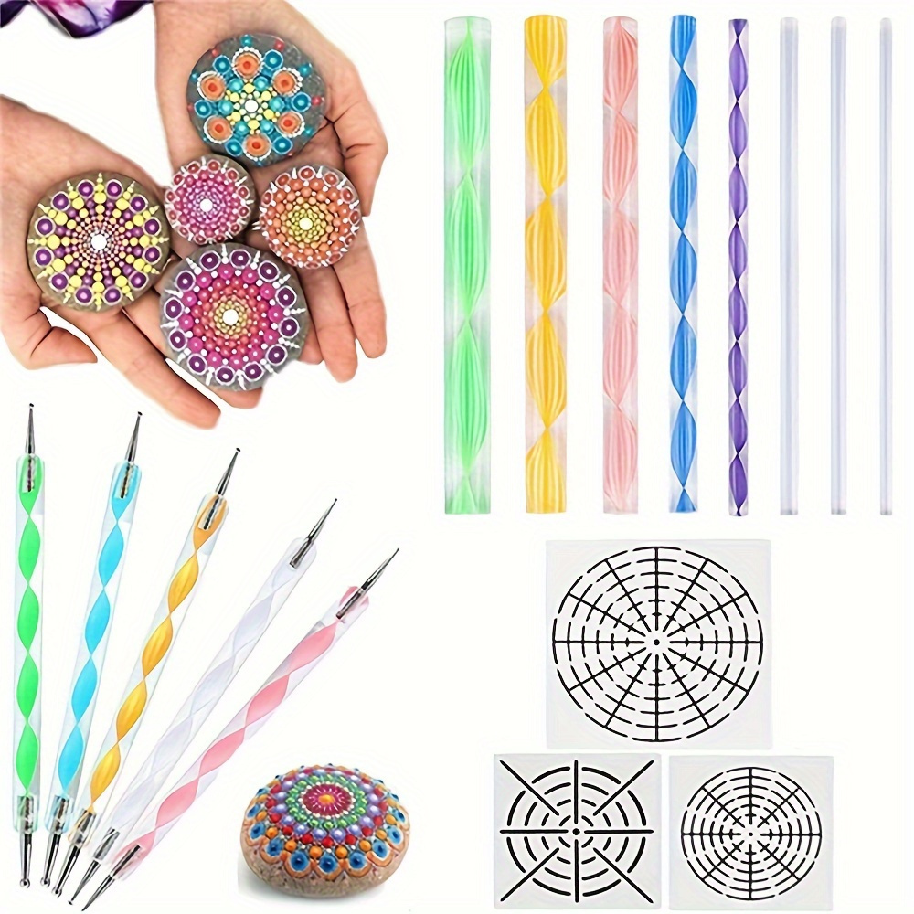 

16pcs Mandala Dotting Tools Set, Plastic Craft Kit For Rock Painting, Ceramic Pottery, Art - Includes Acrylic Rods, Stencils & Paint Tray - Uncharged