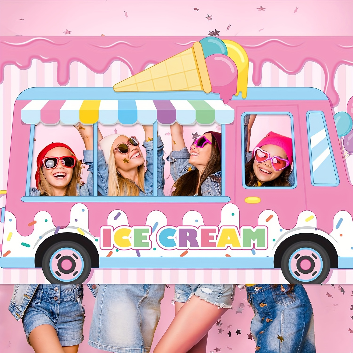 

Festive Cream Truck Photo Booth Backdrop - Perfect For Weddings, Birthdays, Bachelorette Parties, And More - No Feathers, Fabric Material, And No Power Required