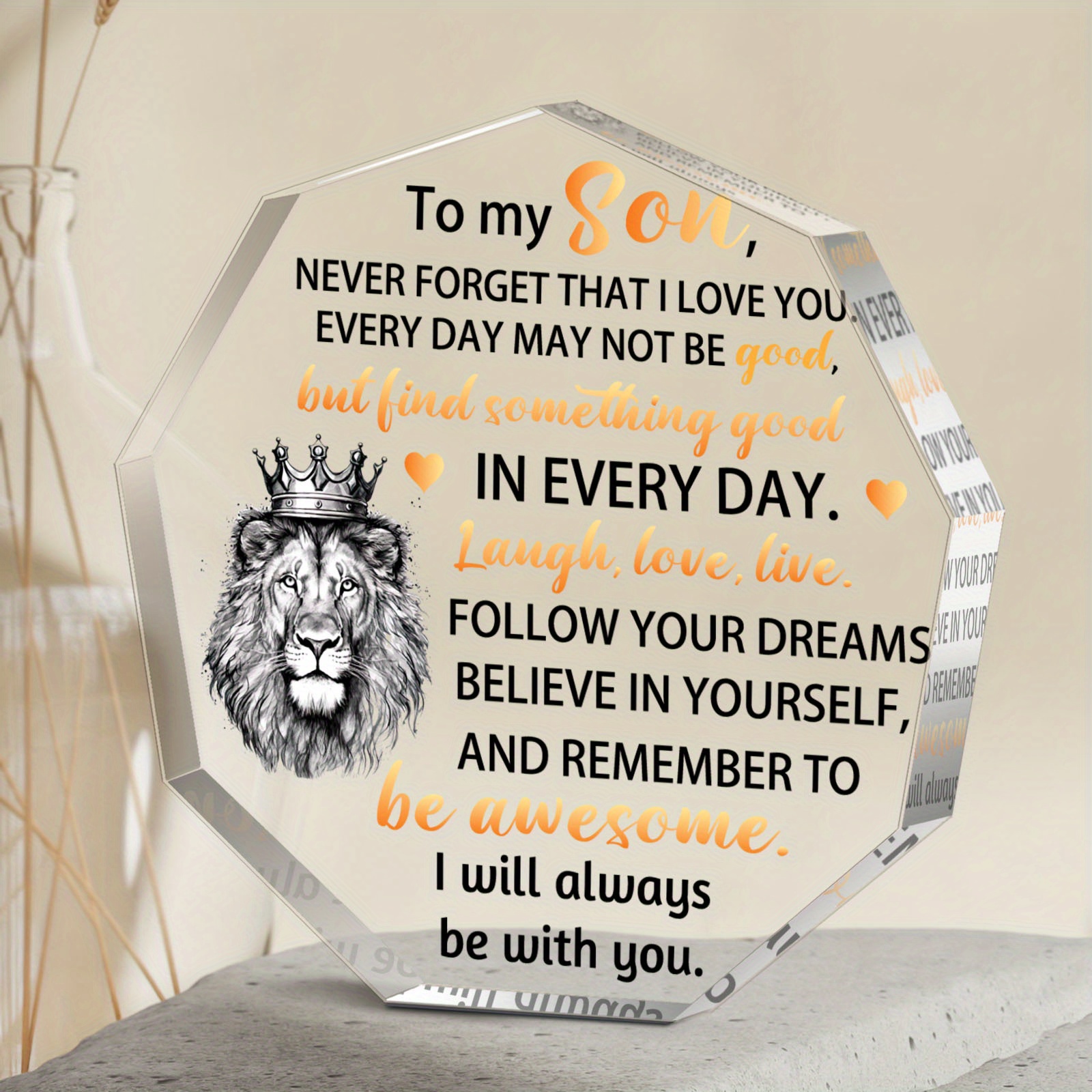 

1pc Acrylic Inspirational Plaque For Son, Irregularly Shaped Transparent Home Decor, Creative Birthday & Christmas Gift, Emotional Connection Present, No Electricity Needed, Featherless