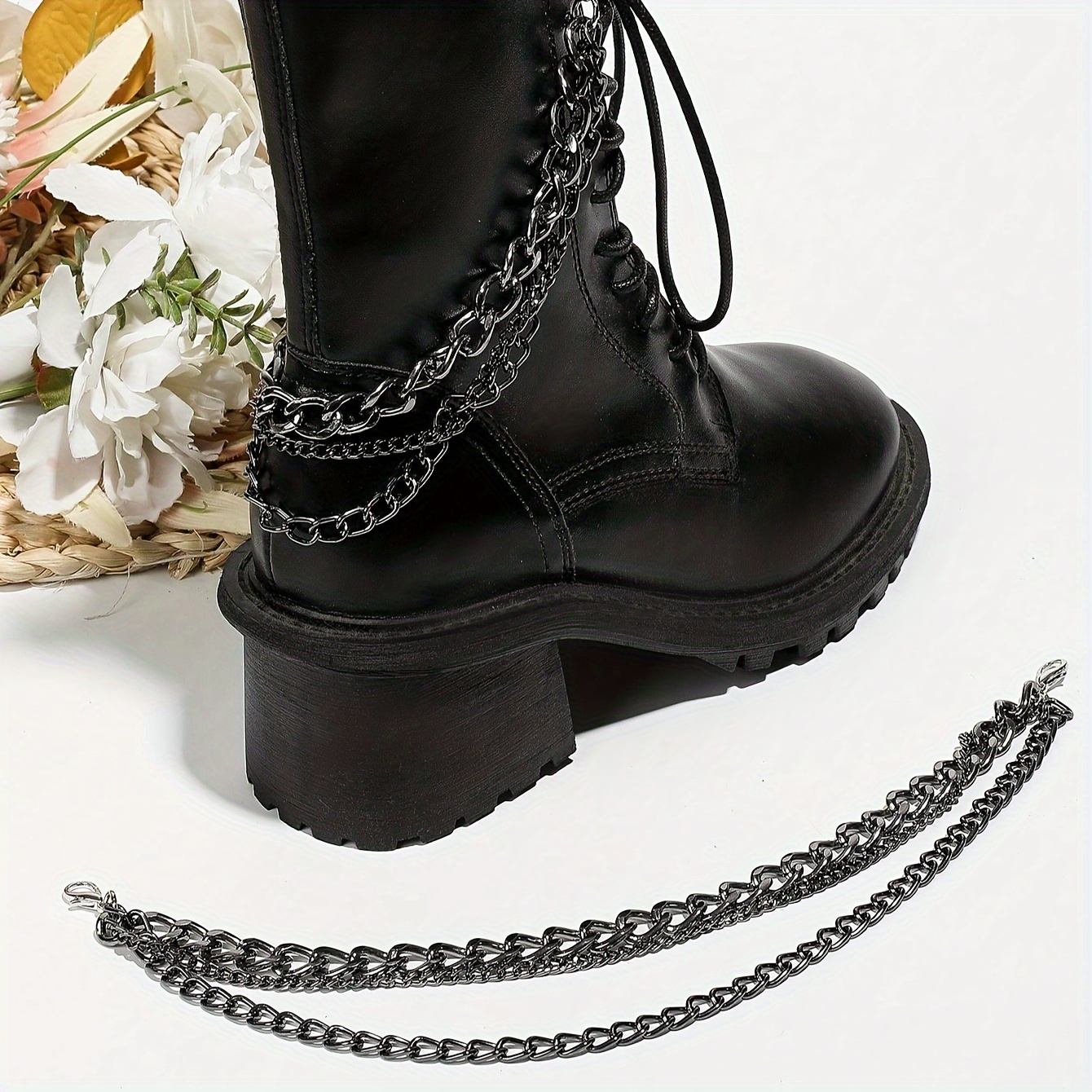 

2 Pcs Fashionable Black Chain Ankle Boots Accessories - Stainless Steel, Lace-up Closure, Chunky Soles, Perfect For A