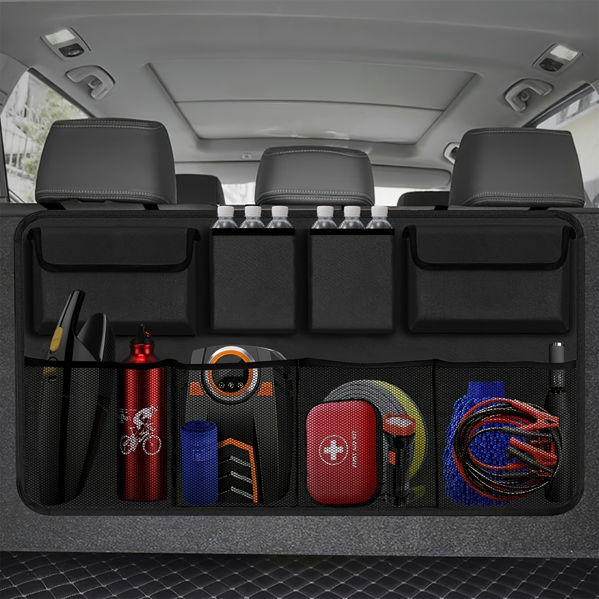 

Organisateur de de siège de SUV avec multi-poches - Sac de rangement de véhicule en tissu Oxford avec sangles réglables, filet de chargement suspendu pour siège arrière pour accessoires de voyage et