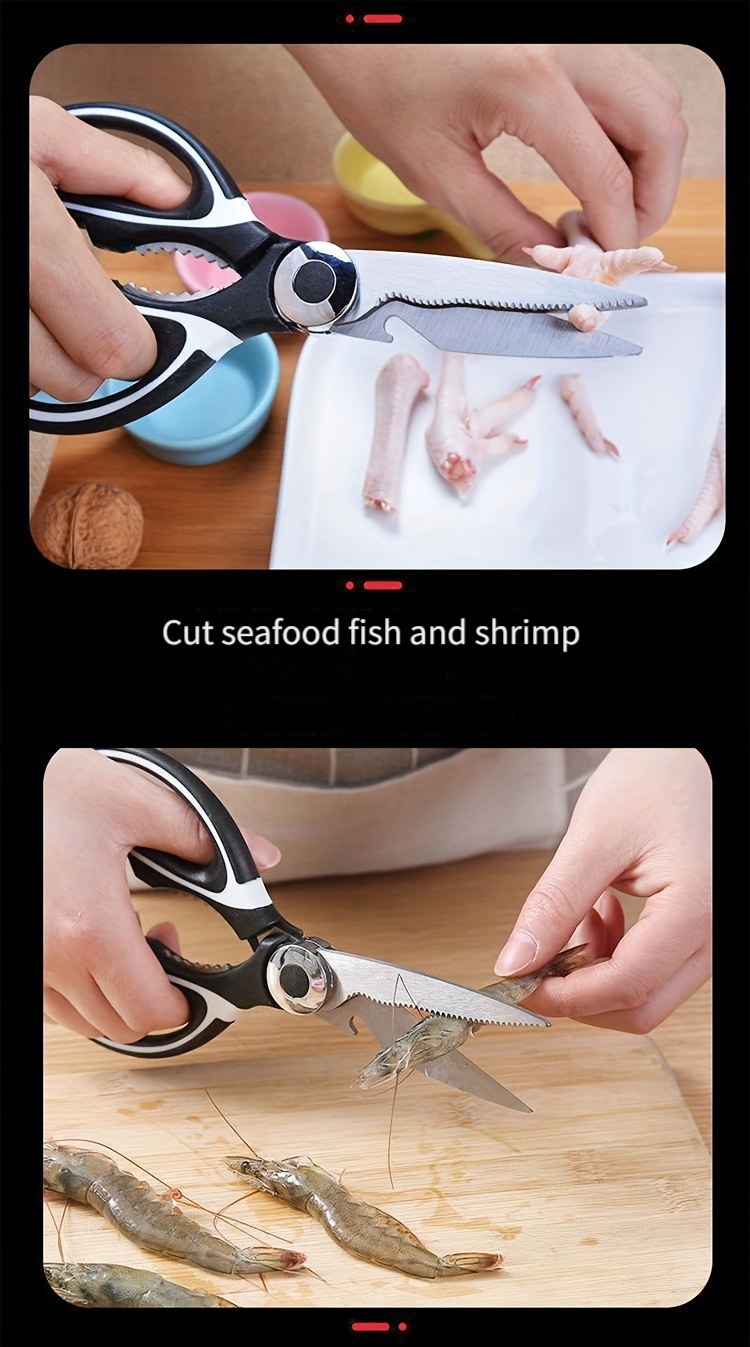 Multi-Purpose Kitchen Shears - Sharp Stainless Steel Food Scissors for Cutting Meat, Fish, and Bones, Ergonomic Black Handles, Ambidextrous Design, Ideal for Home Use, BBQ Essentials, and More, Food Scissors | Serrated Edge Scissors | Durable Kitchen Scissors