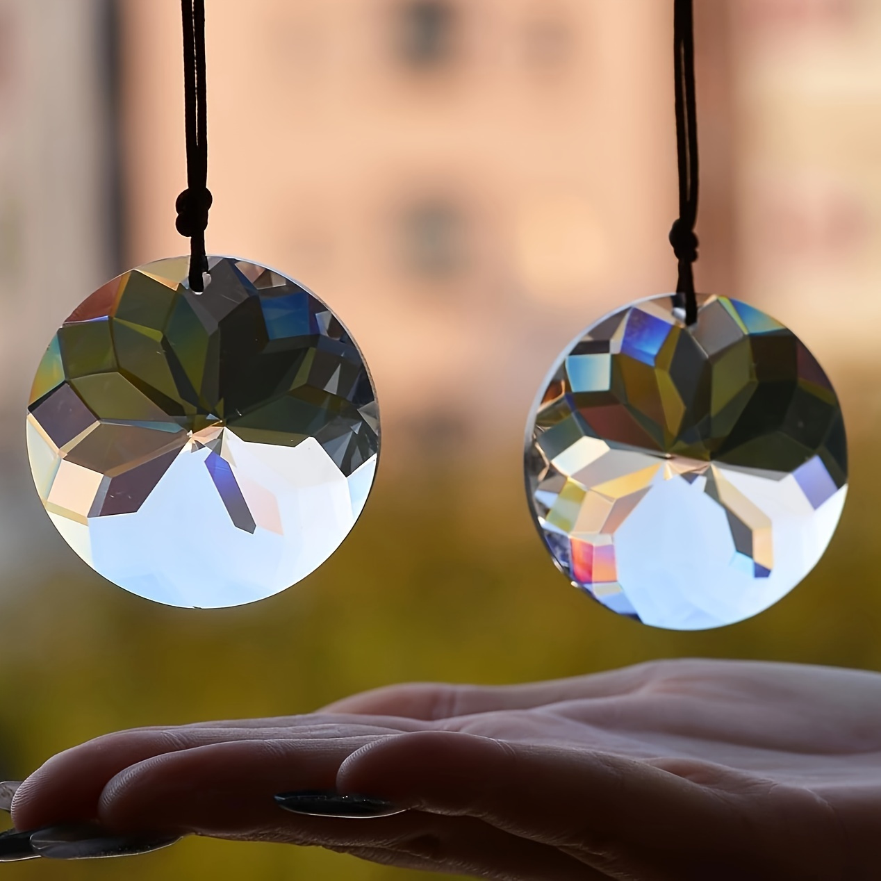 Image of 2pcs Glass Catchers Hanging Prisms Decor - Round Reflective Light Catchers For Window And Garden Decoration