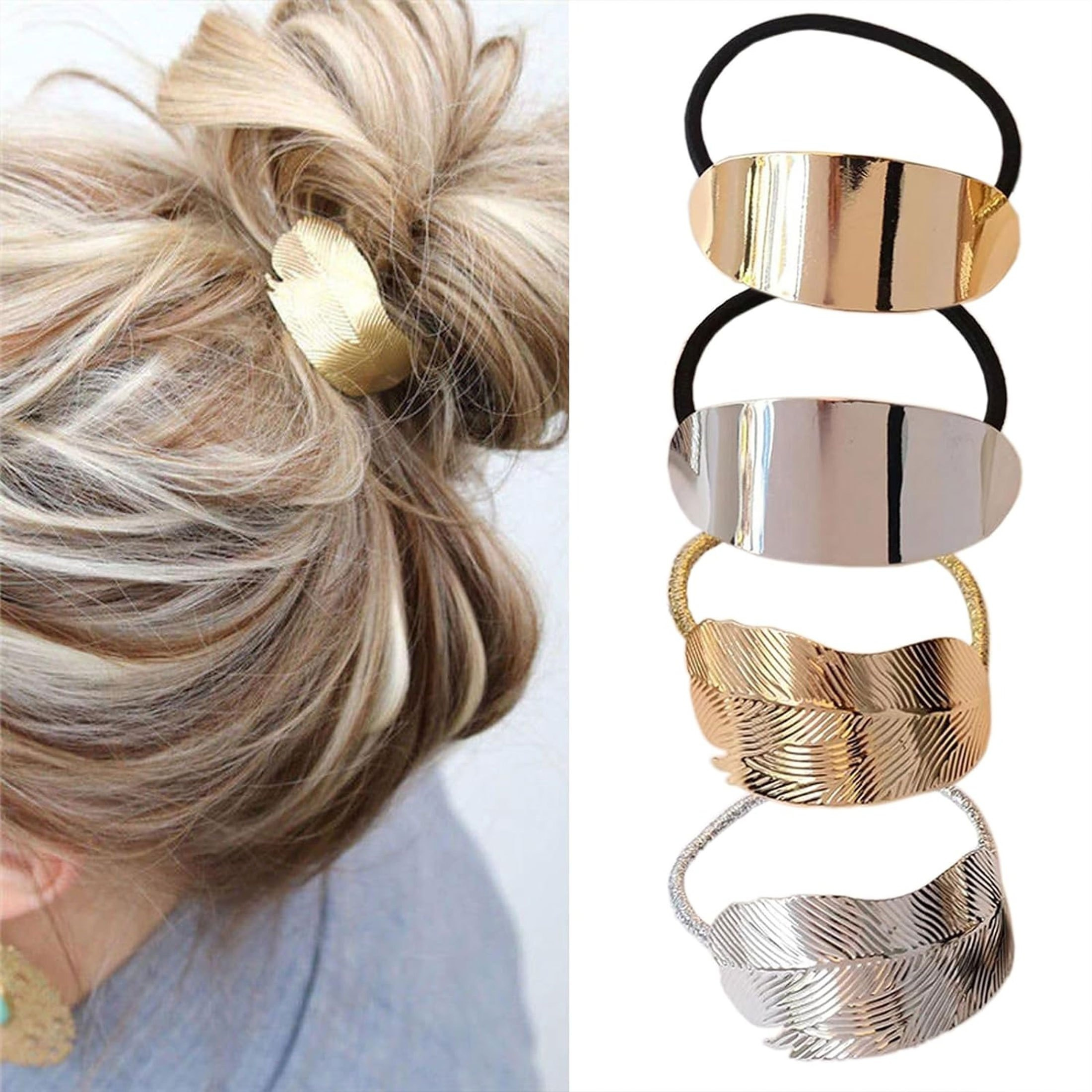 

4pcs Elegant Metal Hair Ties - Sleek Leaf Design, Oval Ponytail Holders For Women & Girls - Perfect Gift