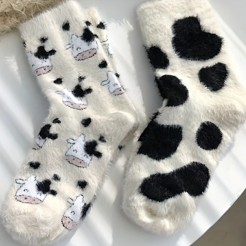 

Teen Girls Cartoon Cow Print Fluffy Mid-calf Socks, 100% Polyester Knit Fabric, Soft Plush Warm Breathable -thickened Socks For Fall/winter