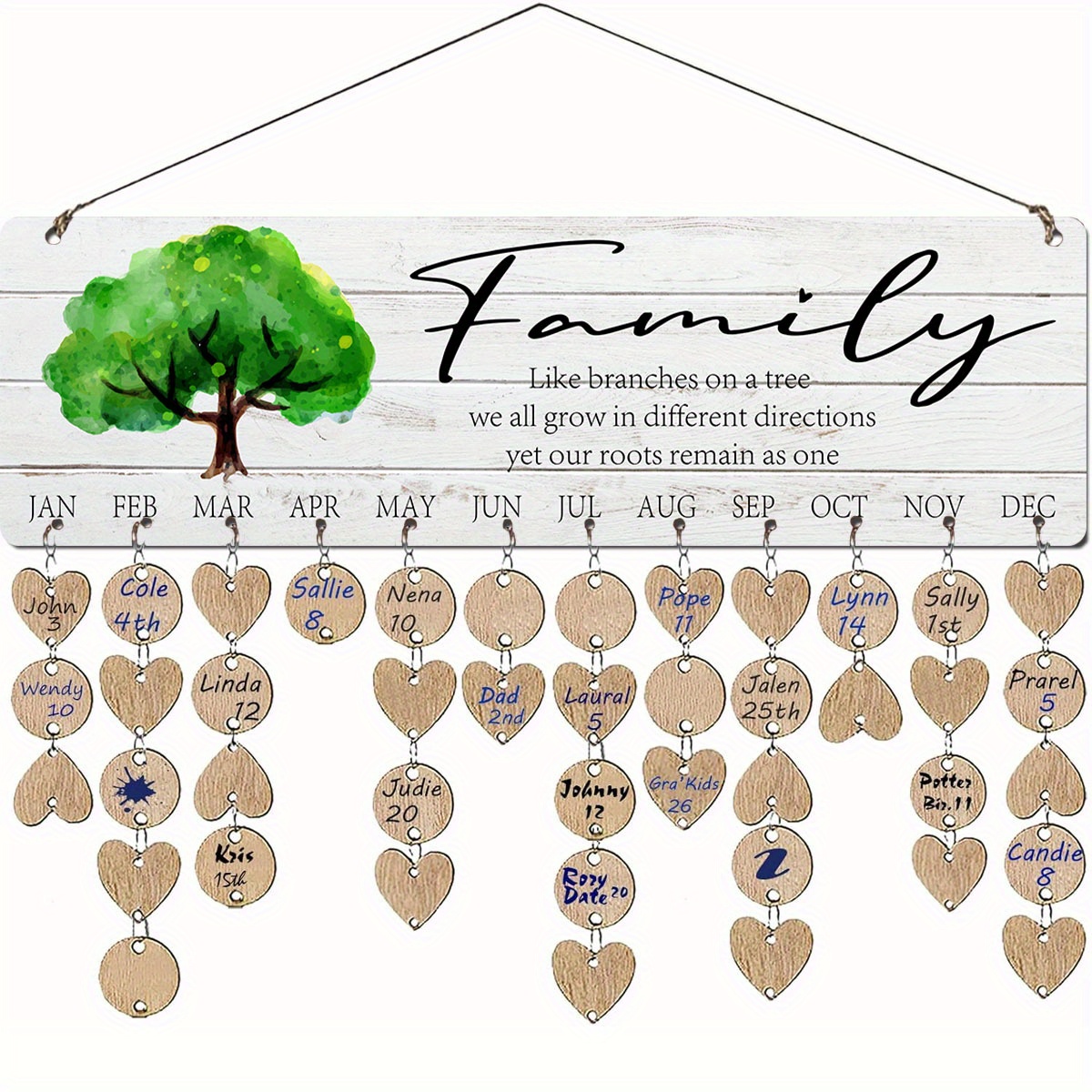 

Wooden Family Tree Wall Calendar Kit - Includes Tags & Rings For Names & Birthdays - Decor Gift For Christmas, Birthdays, Mom & Grandma