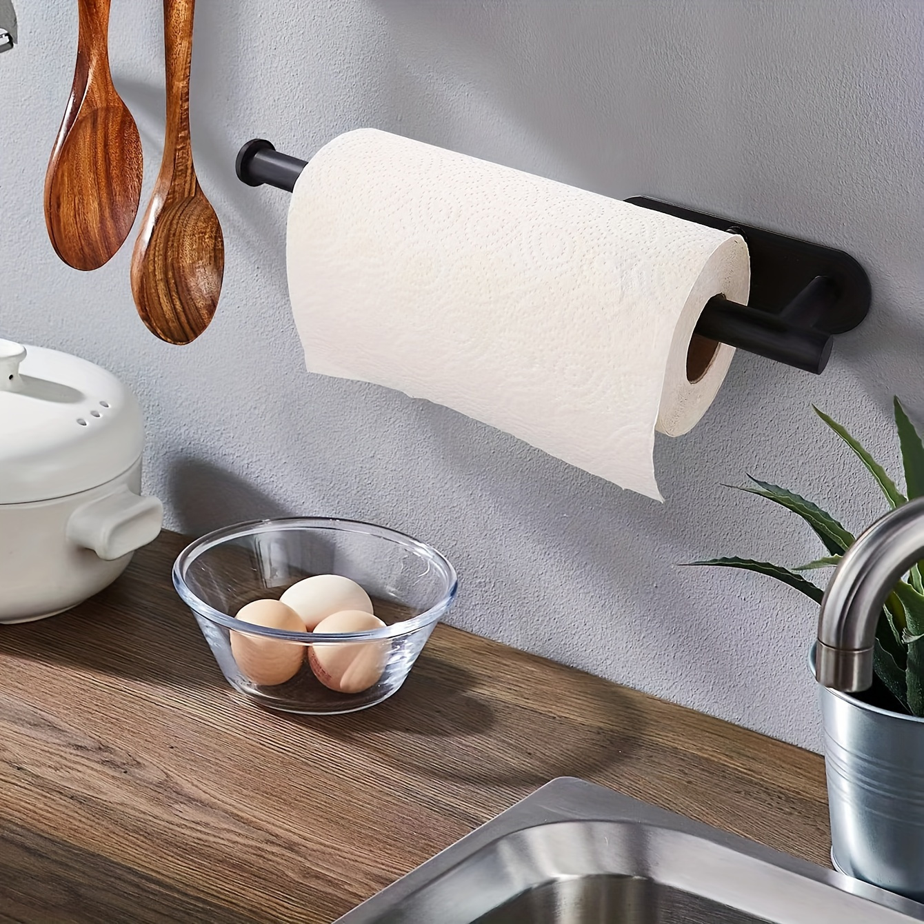   no drill kitchen bathroom paper towel holder sleek black plastic wall mounted design for   fits standard rolls details 0