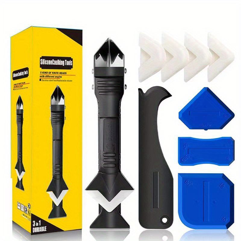 

Silicone Caulking Tool Set - 5 In 1 Sealant Scraper And Remover Kit With Interchangeable Pads For Finishing, Cleaning, And Grouting - Durable Plastic Construction