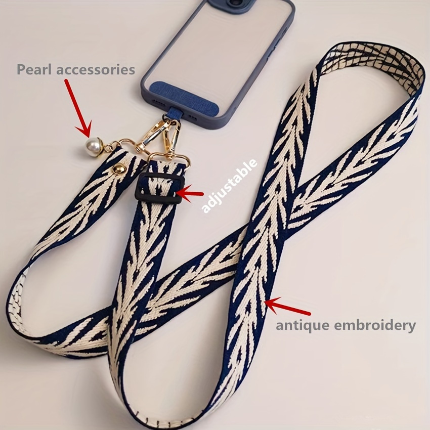 

Vintage Embroidery Style Adjustable Cell Phone Lanyard With Wristband, Universal Smartphone Case Holder, Anti-lost Halter Shoulder Strap With Pearl Accessories - Main Material: Other