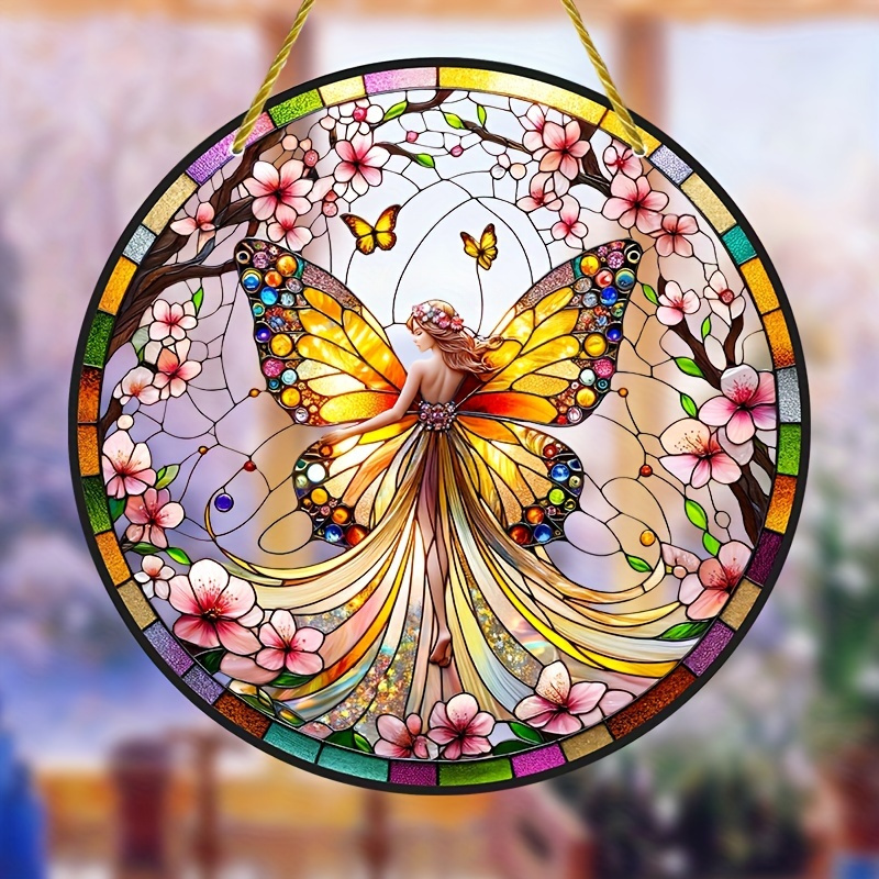 

Enchanting Fairy Suncatcher 8 Inch - Valentine's Day Gift, Acrylic Stained Glass Window Hanging Decor, Flower And Butterfly Theme For Bedroom, Porch, Garden | Ideal Present For Friends And Family