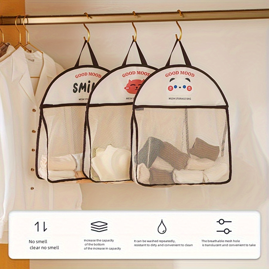 1pc 4pcs beige polyester hanging mesh storage bags   breathable laundry organizer wall mounted wardrobe underwear sock sorter multifunctional miscellaneous organizing bag for halloween christmas laundry bags details 2